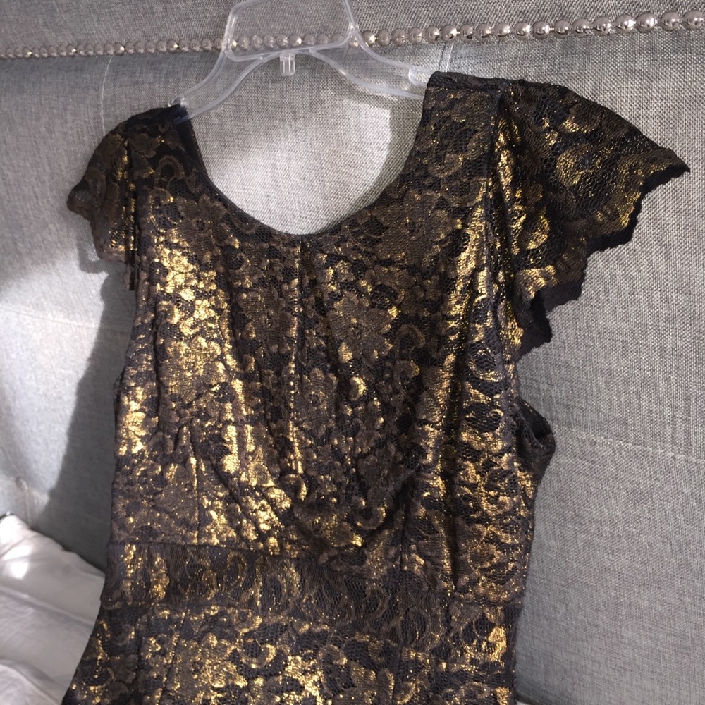 Golden lace calf length formal evening dress